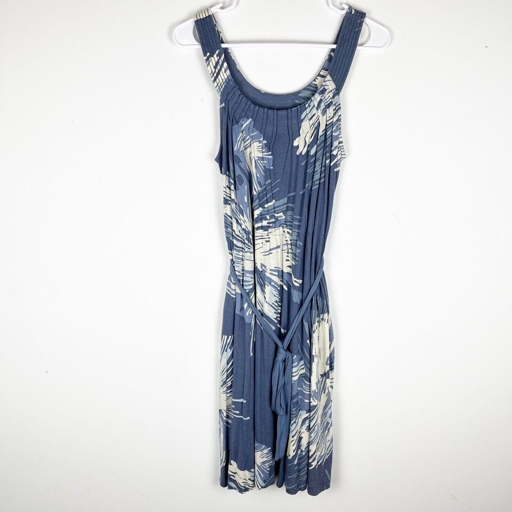 Anthropologie Blue Palm‎ Print Blue Midi Dress Small Belted Boho Beach​​​​